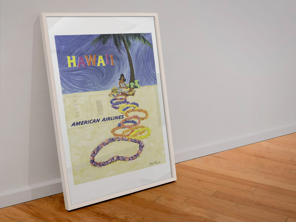 Hawaii American Airlines poster in a white frame leaning against a wall