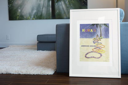 Hawaii American Airlines poster leaning beside a blue sofa