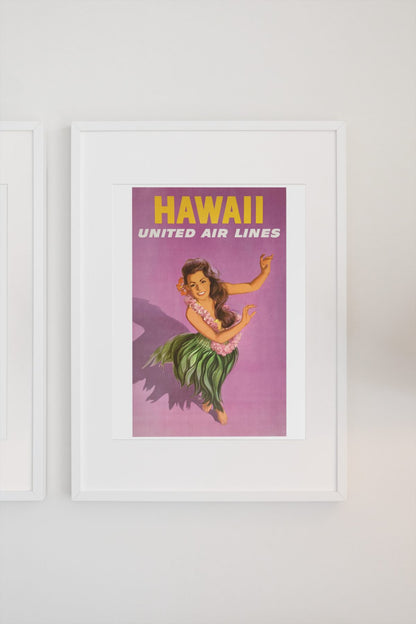 Hawaii Hula United Air Lines poster on a light wall