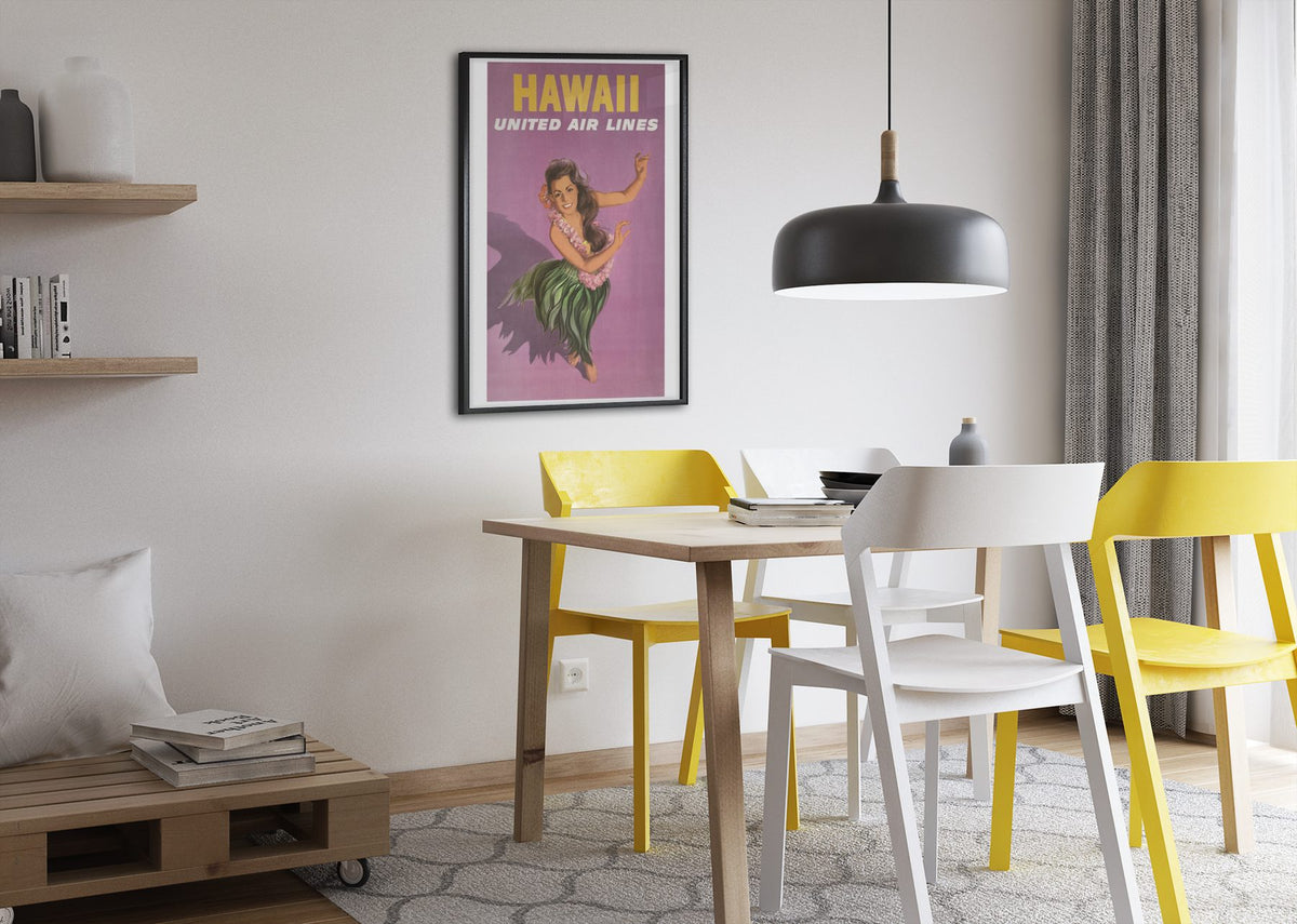 Hawaii Hula United Air Lines poster framed above a dining table
