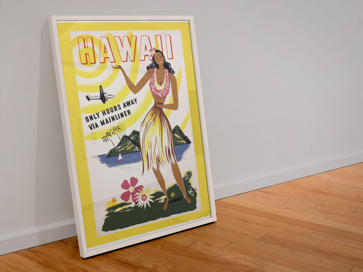 Hawaii via Mainliner poster in a white frame leaning against a wall