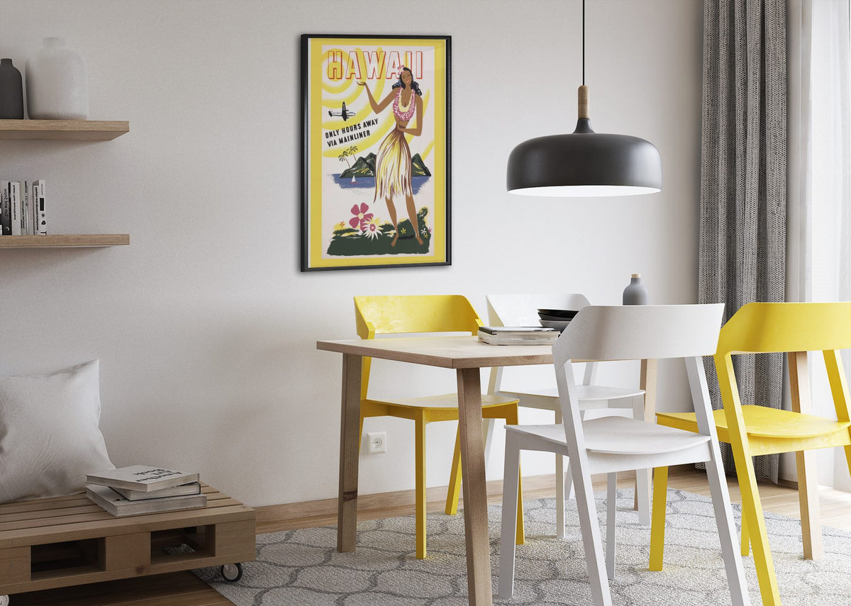 Hawaii via Mainliner poster framed above a dining table