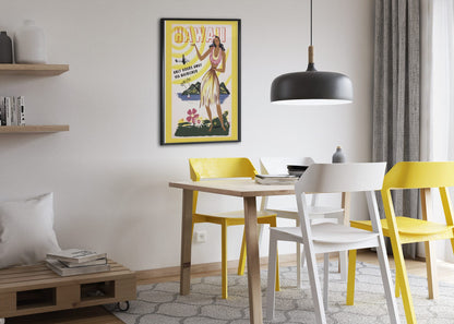 Hawaii via Mainliner poster framed above a dining table