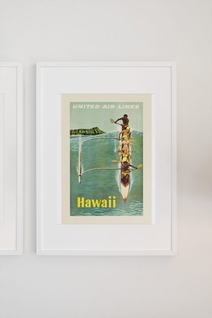 Hawaii Outrigger Canoe poster on a light wall