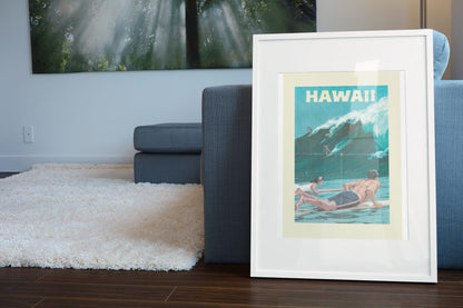 Hawaii Surfing poster leaning beside a blue sofa