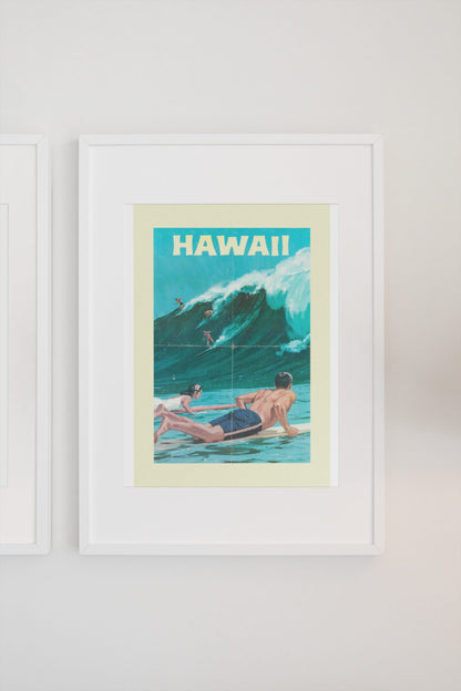 Hawaii Surfing poster on a light wall