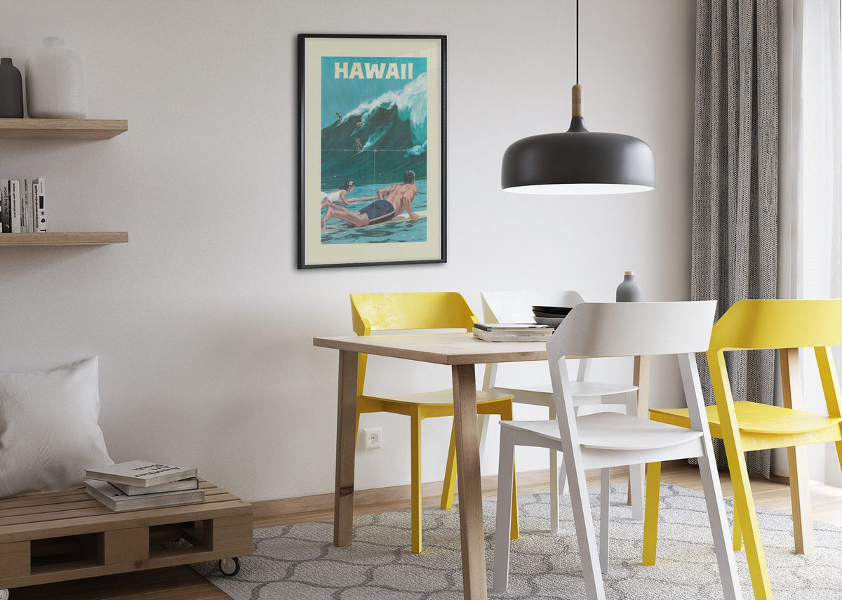 Hawaii Surfing poster framed above a dining table