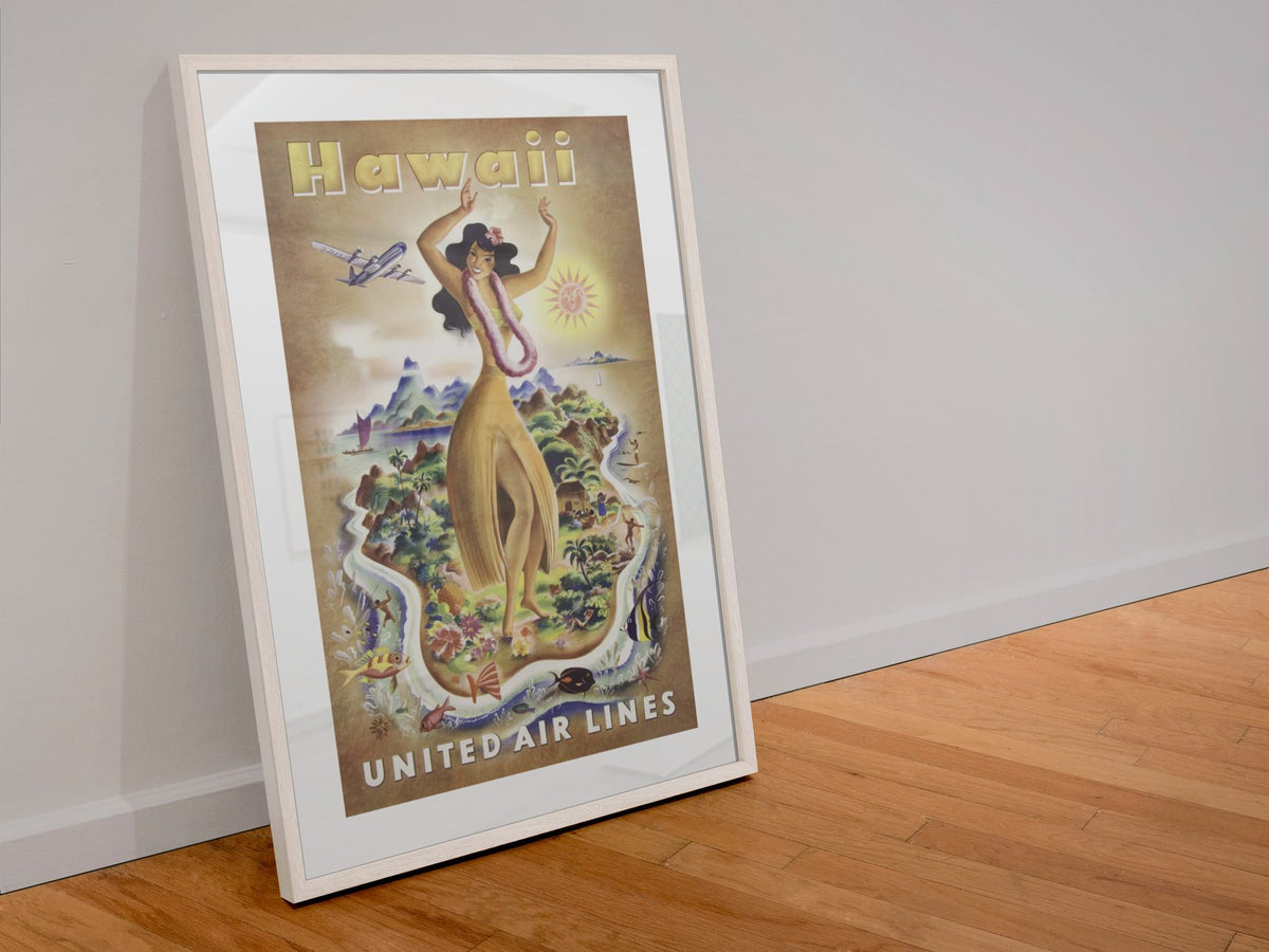 Hawaii United Air Lines poster in a white frame leaning against a wall