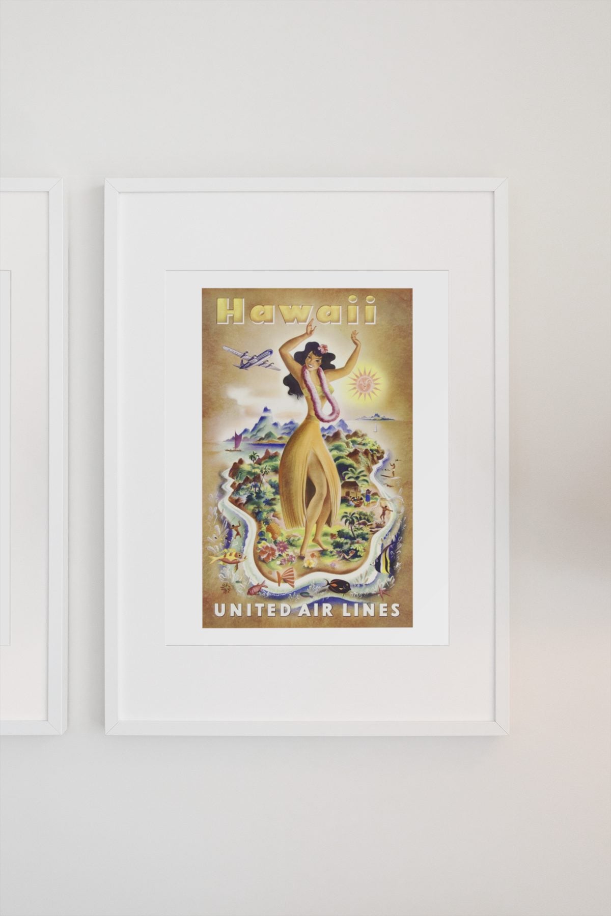 Hawaii United Air Lines poster on a light wall