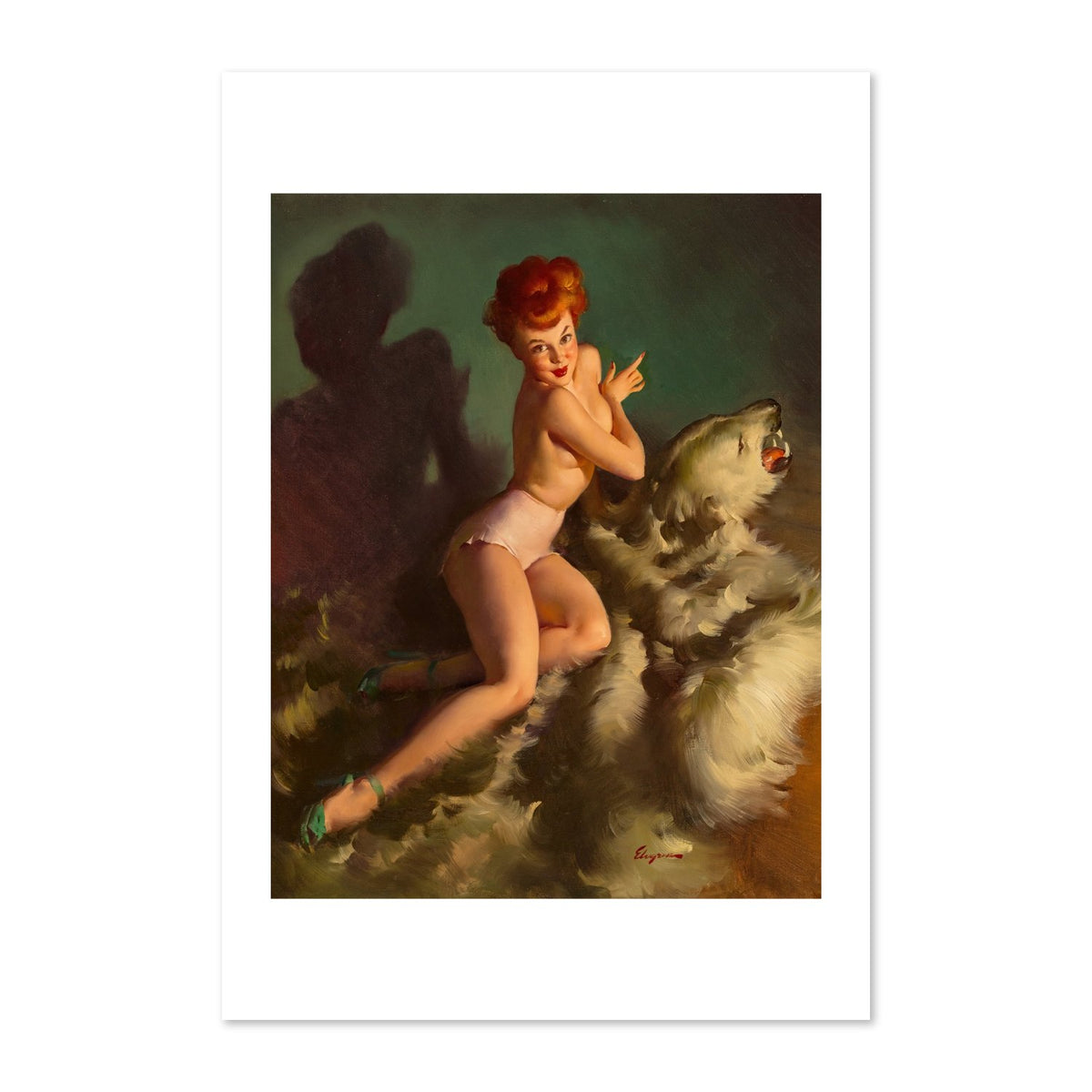 He Almost Scared Me Out of My Skin by Gil Elvgren, pin-up poster — framed print