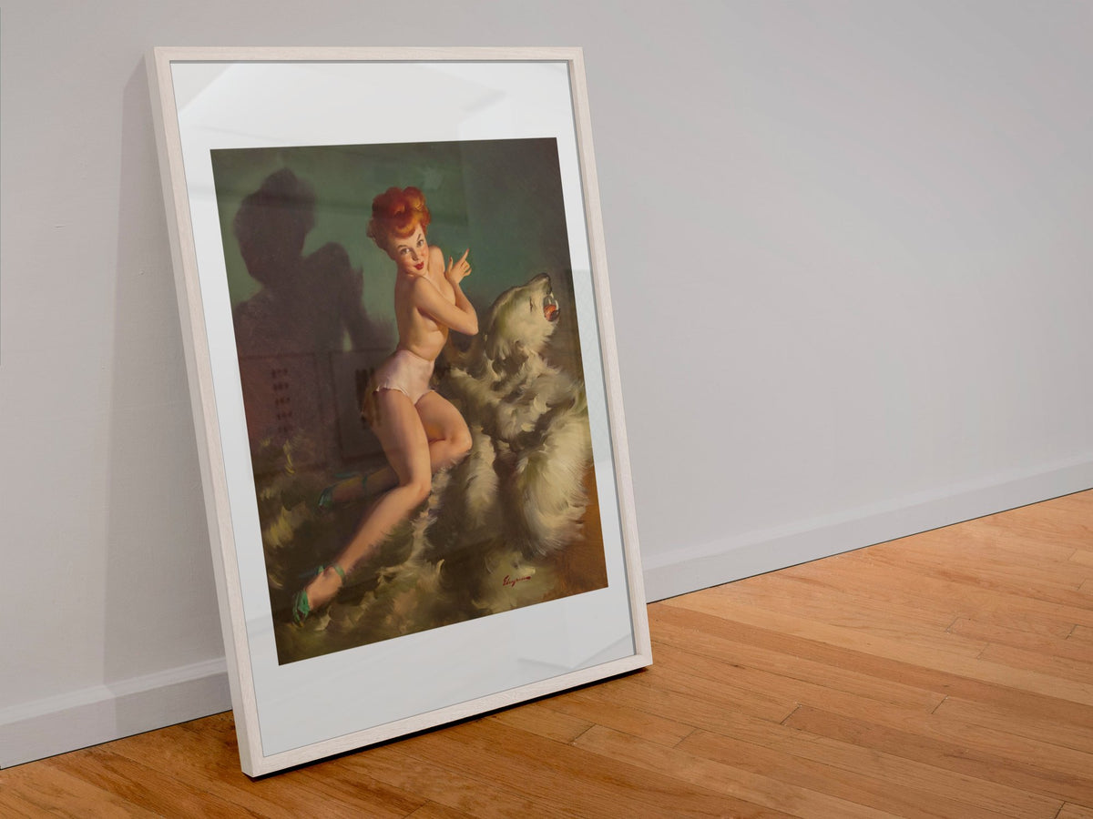 He Almost Scared Me Out of My Skin by Gil Elvgren, pin-up poster — leaning frame