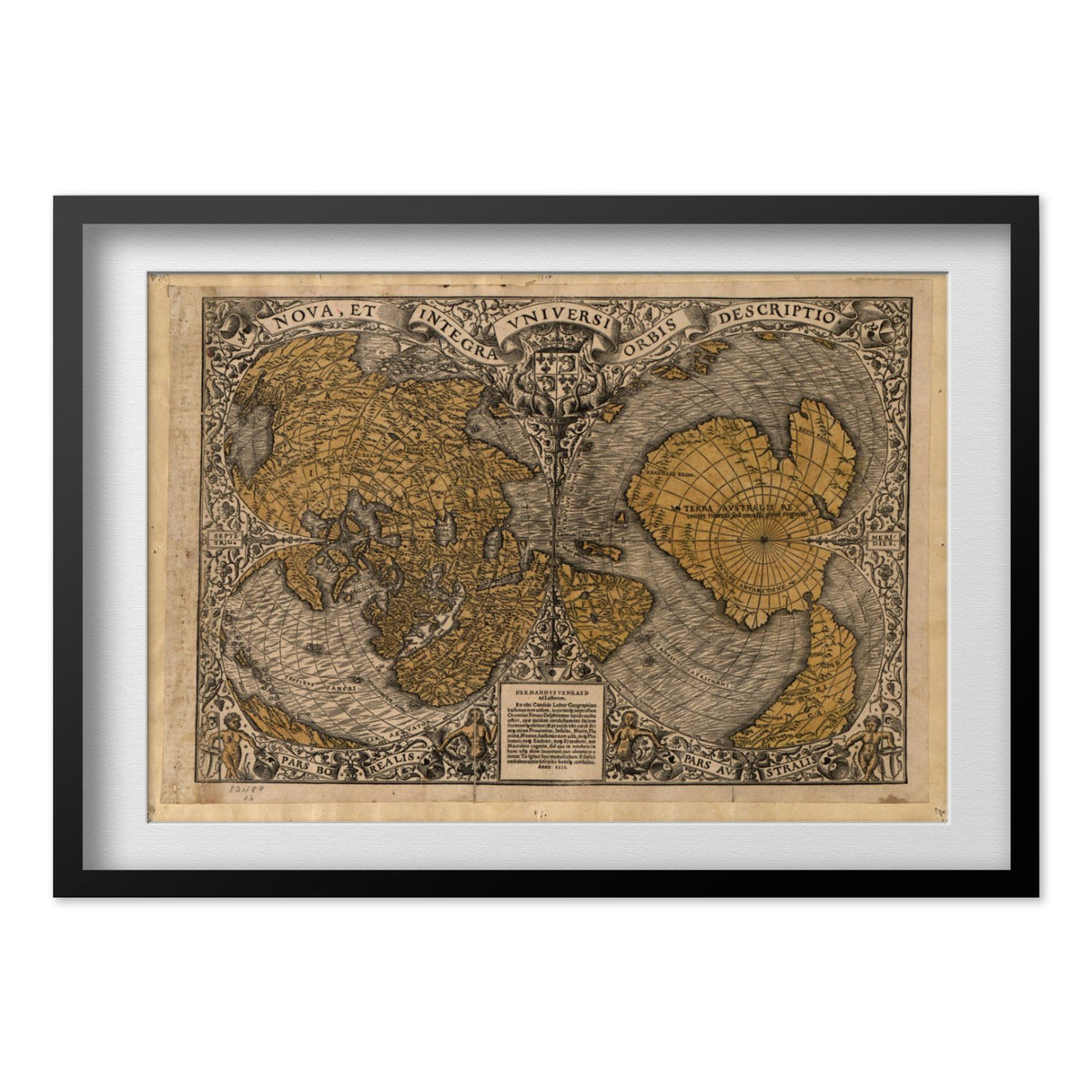 Heart-Shaped World Map 1531 print in a black frame