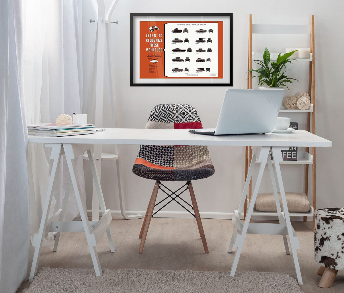 Heavy Tank Recognition Chart poster framed above a white desk in a home office
