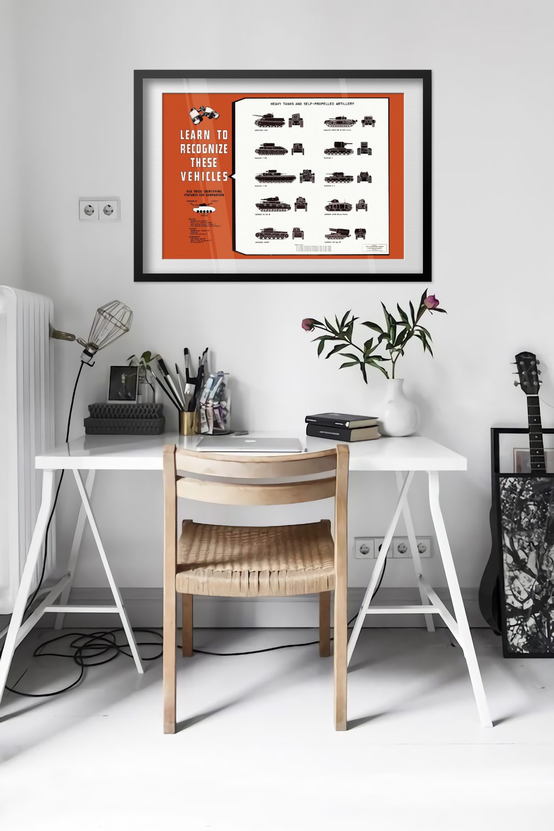 Heavy Tank Recognition Chart poster framed above a desk in a bright white room