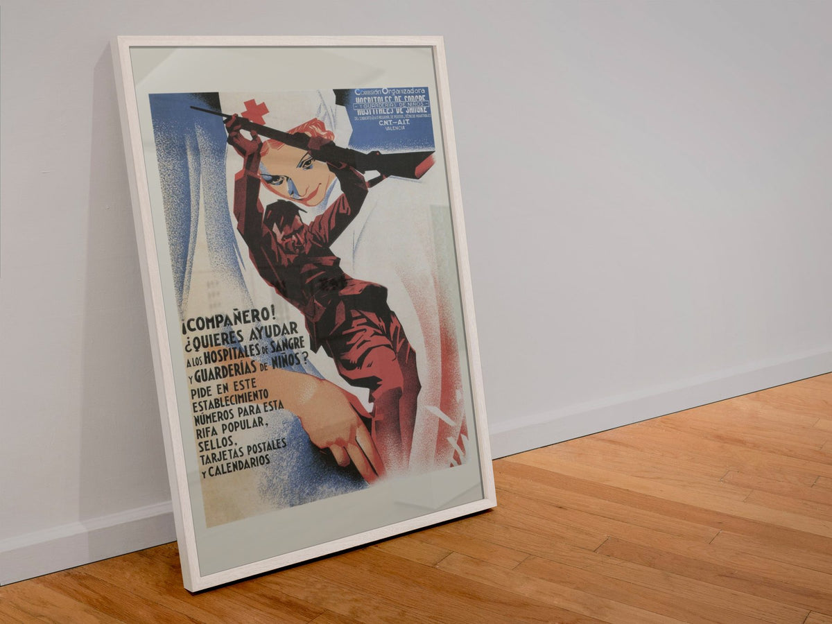 Help the Blood Hospitals poster in a white frame leaning against a wall