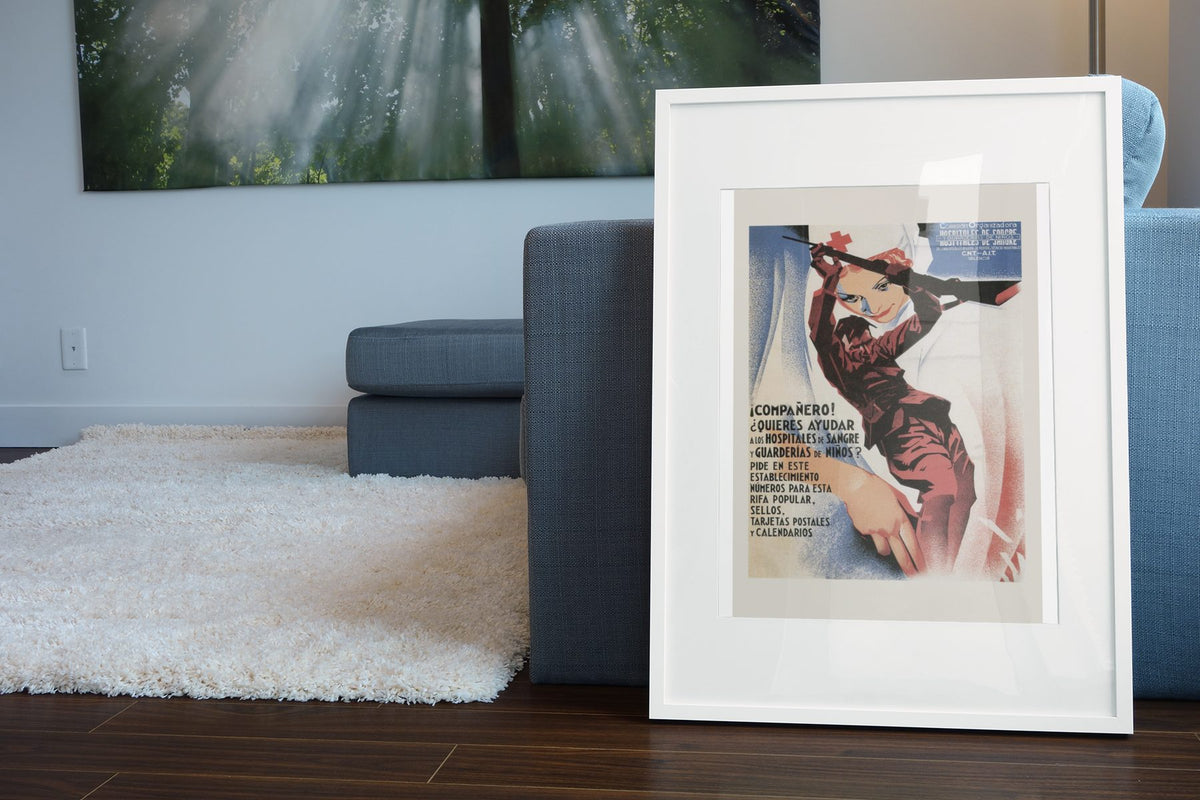 Help the Blood Hospitals poster leaning beside a blue sofa
