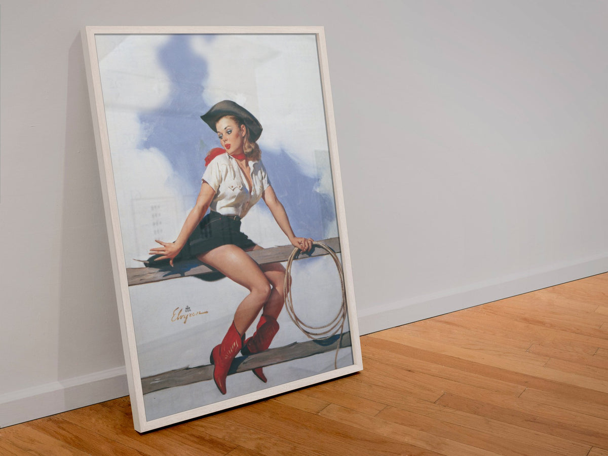 Hi-Ho Silver by Gil Elvgren, pin-up poster — leaning frame