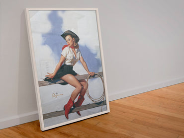 Hi-Ho Silver by Gil Elvgren, pin-up poster — leaning frame