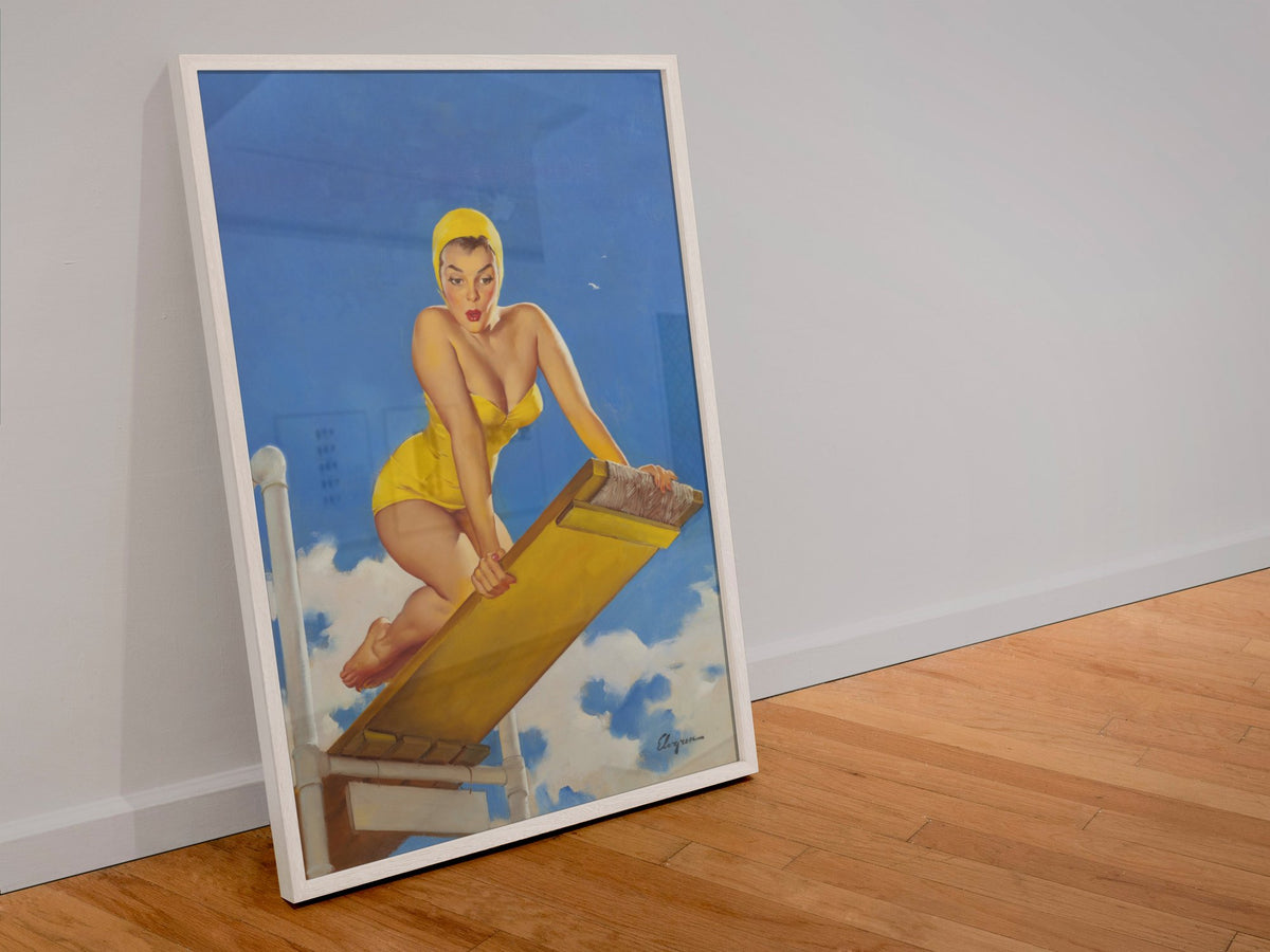 High and Shy by Gil Elvgren, pin-up poster — leaning frame