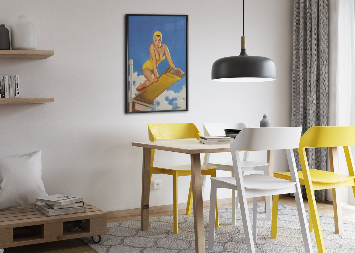 High and Shy by Gil Elvgren, pin-up poster — dining room