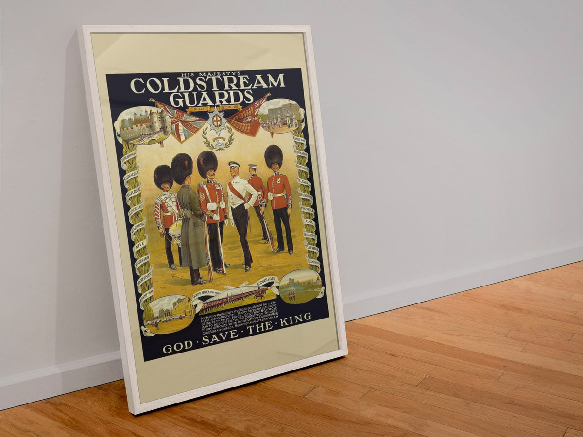 His Majestys Coldstream Guards poster in a white frame leaning against a wall