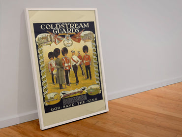 His Majestys Coldstream Guards poster in a white frame leaning against a wall