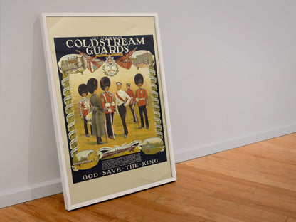 His Majestys Coldstream Guards poster in a white frame leaning against a wall