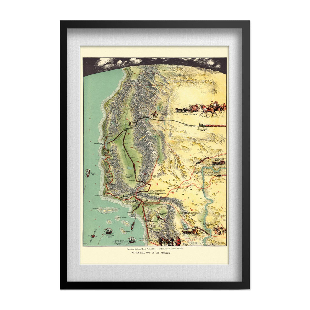 Historical Events that Made Los Angeles Map print in a black frame with a white mat