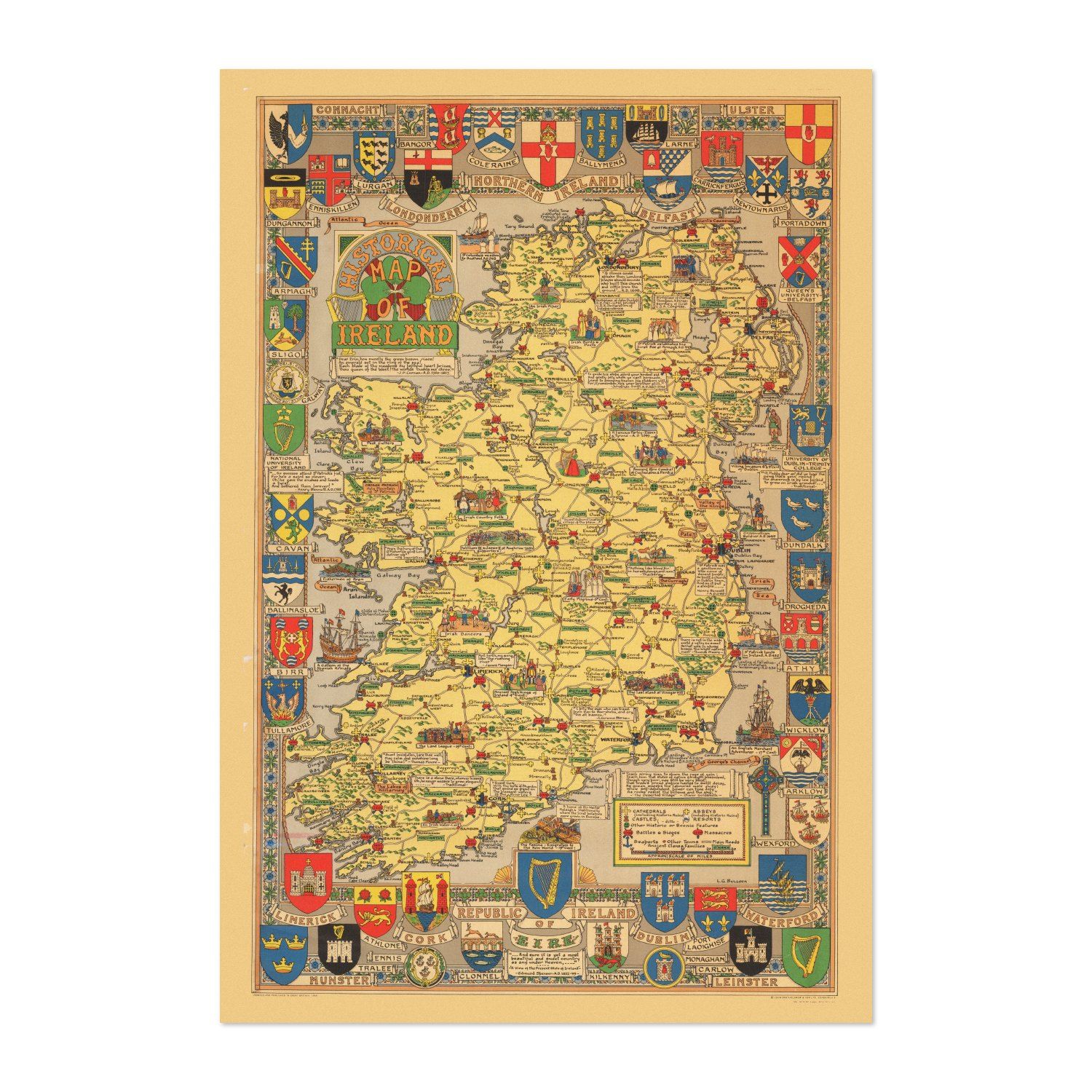 Historical Map of Ireland 1969 vintage print