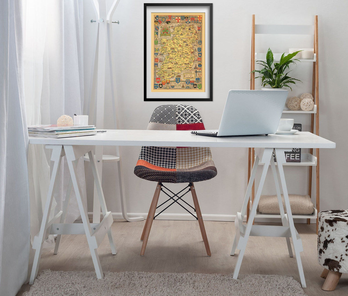 Historical Map of Ireland 1969 print framed above a white desk in a home office