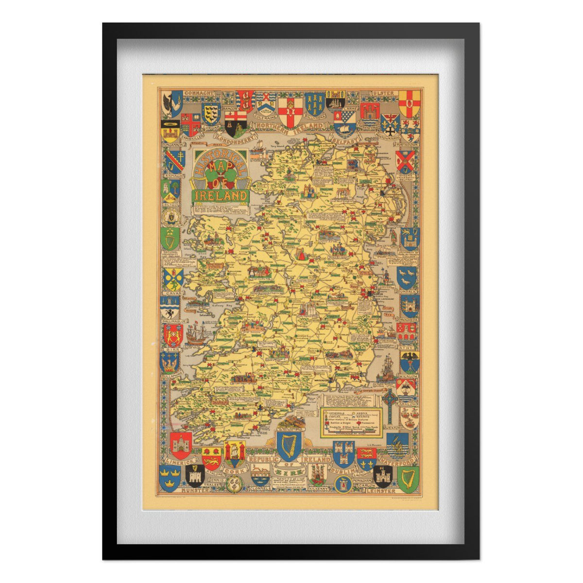 Historical Map of Ireland 1969 print in a black frame with a white mat