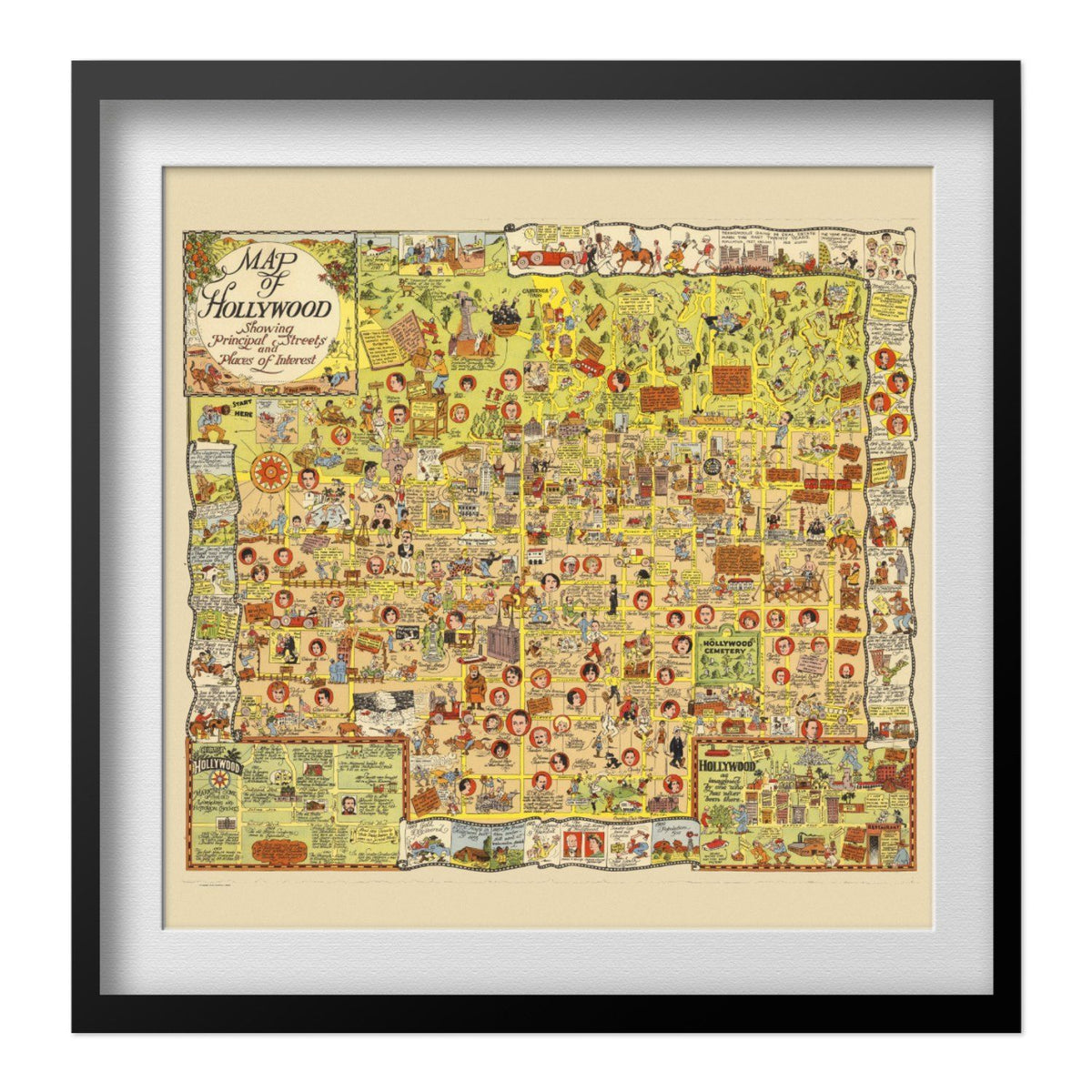 Hollywood 1928 Map print in a black frame with a white mat