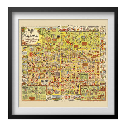 Hollywood 1928 Map print in a black frame with a white mat