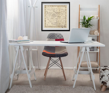 Hollywood Starland 1937 Map print framed above a white desk in a home office