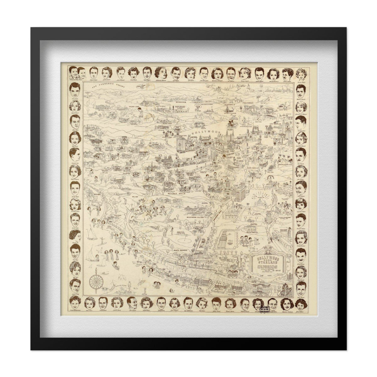 Hollywood Starland 1937 Map print in a black frame with a white mat