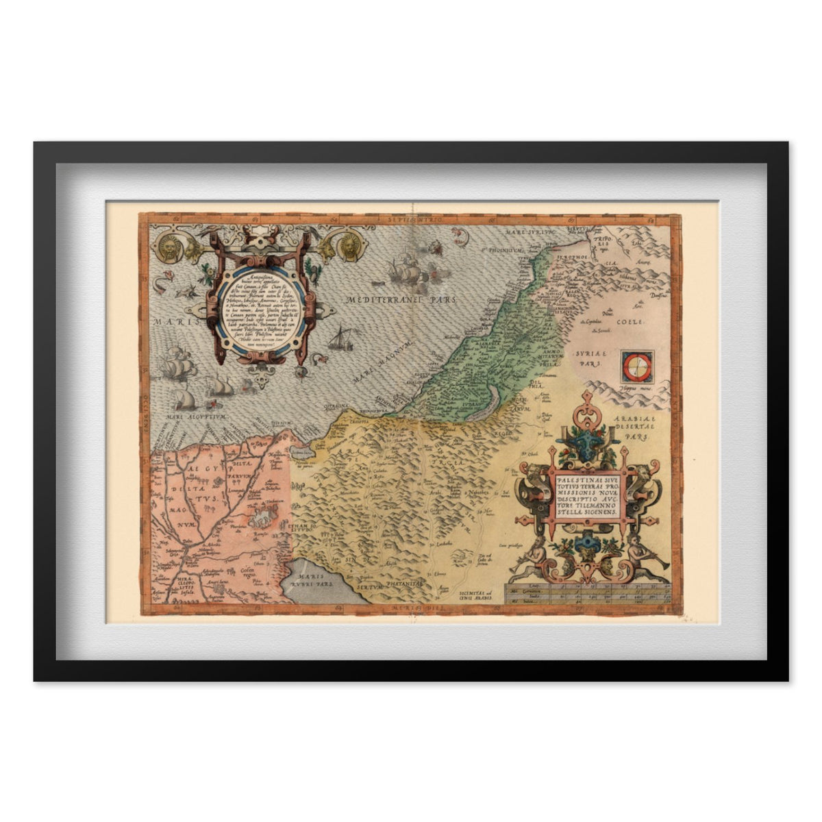 Holy Land 1570 Ortelius Map print in a black frame