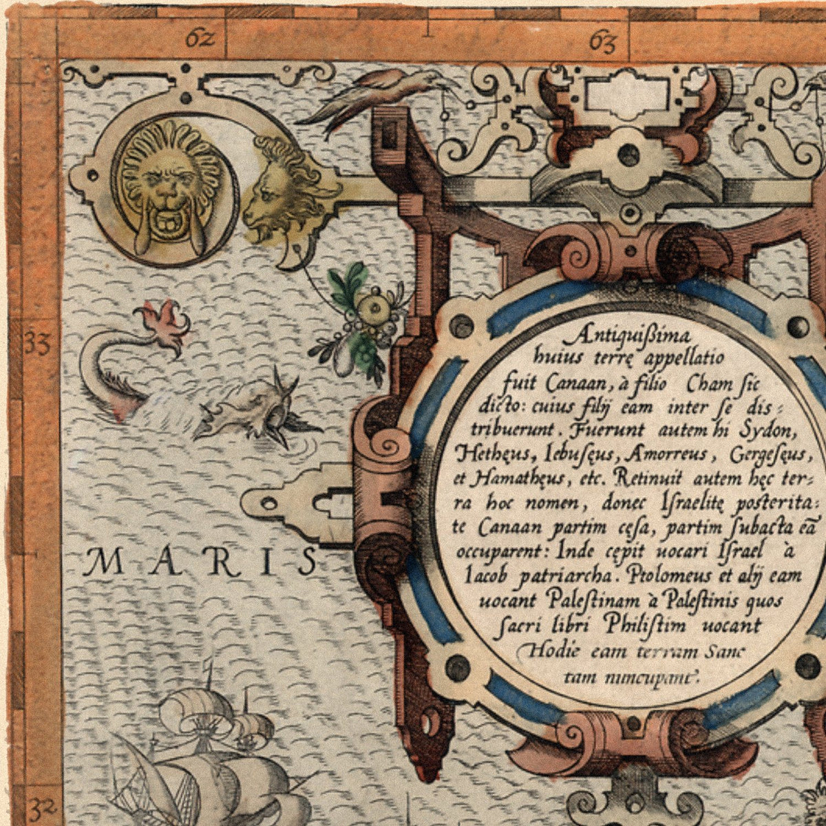 Close-up detail of the Holy Land 1570 Ortelius Map print