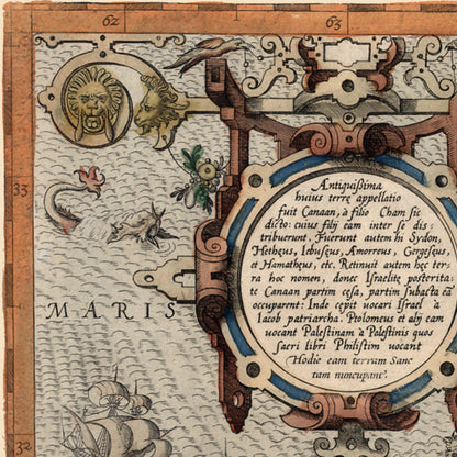 Close-up detail of the Holy Land 1570 Ortelius Map print