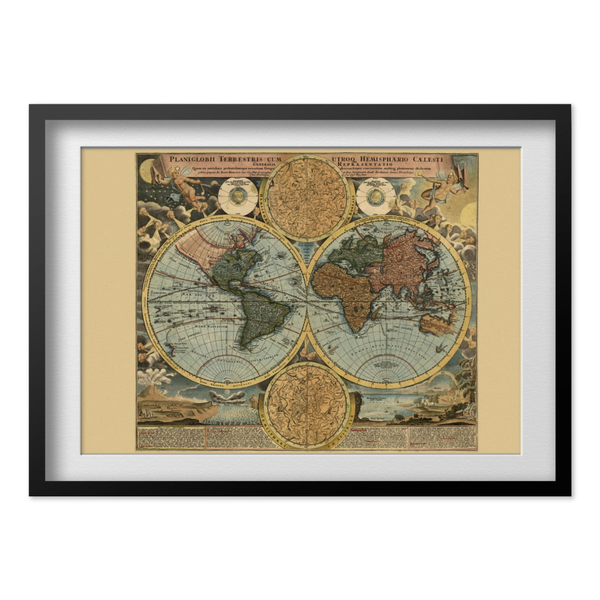 Homann World Map 1716 print in a black frame