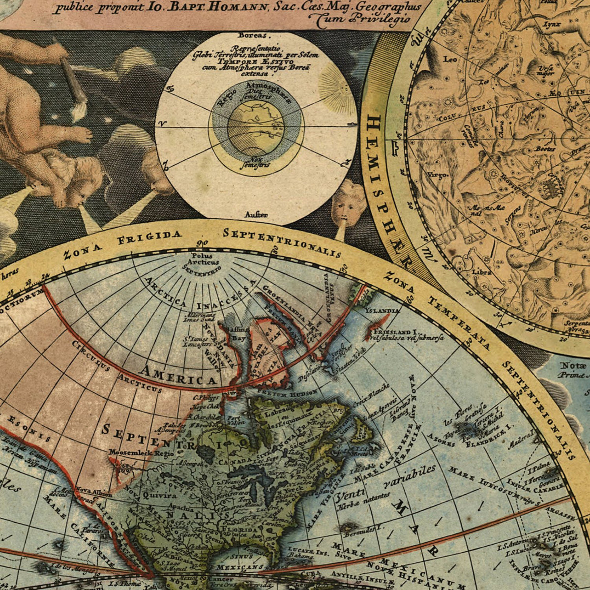 Close-up detail of the Homann World Map 1716 print