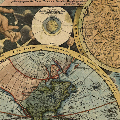 Close-up detail of the Homann World Map 1716 print