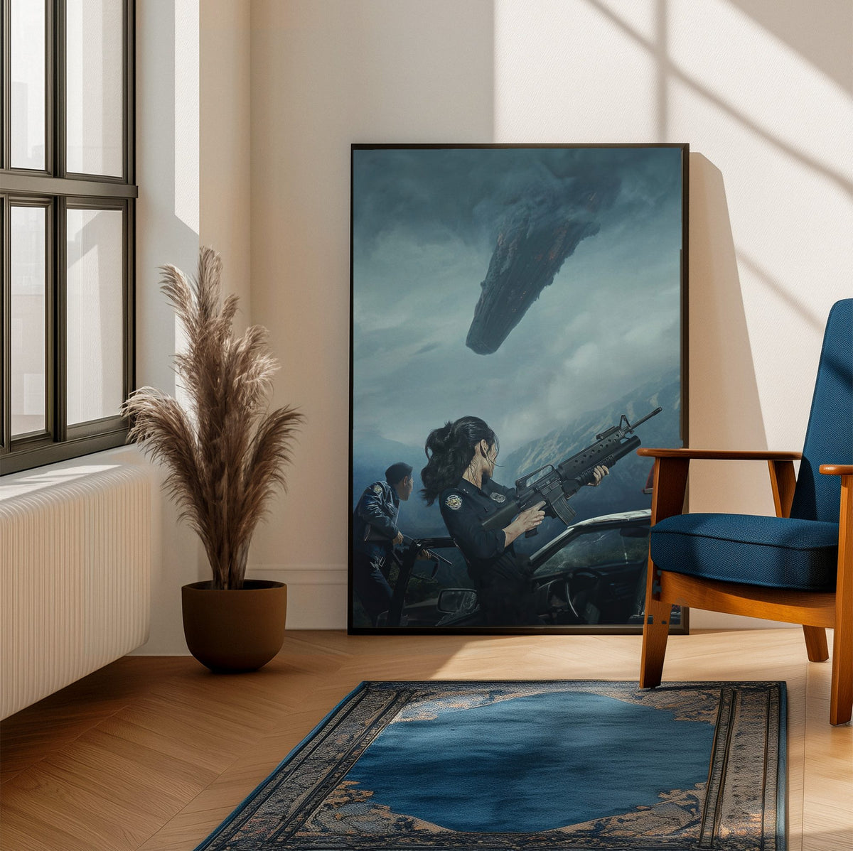 Hope (2026) Movie Key Art poster framed beside a blue armchair in a sunlit room