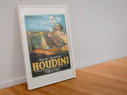 Houdini Buried Alive Egyptian Sphinx poster in a white frame leaning against a wall