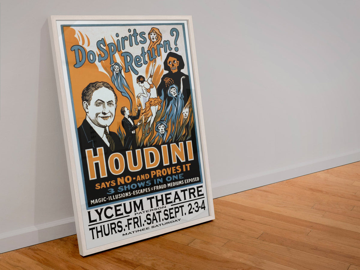 Houdini Do Spirits Return poster in a white frame leaning against a wall