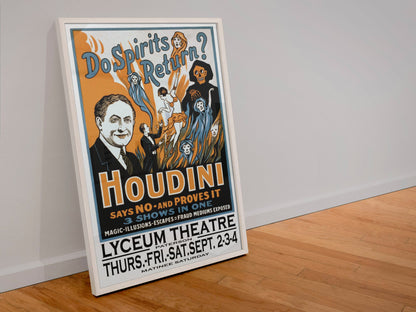 Houdini Do Spirits Return poster in a white frame leaning against a wall