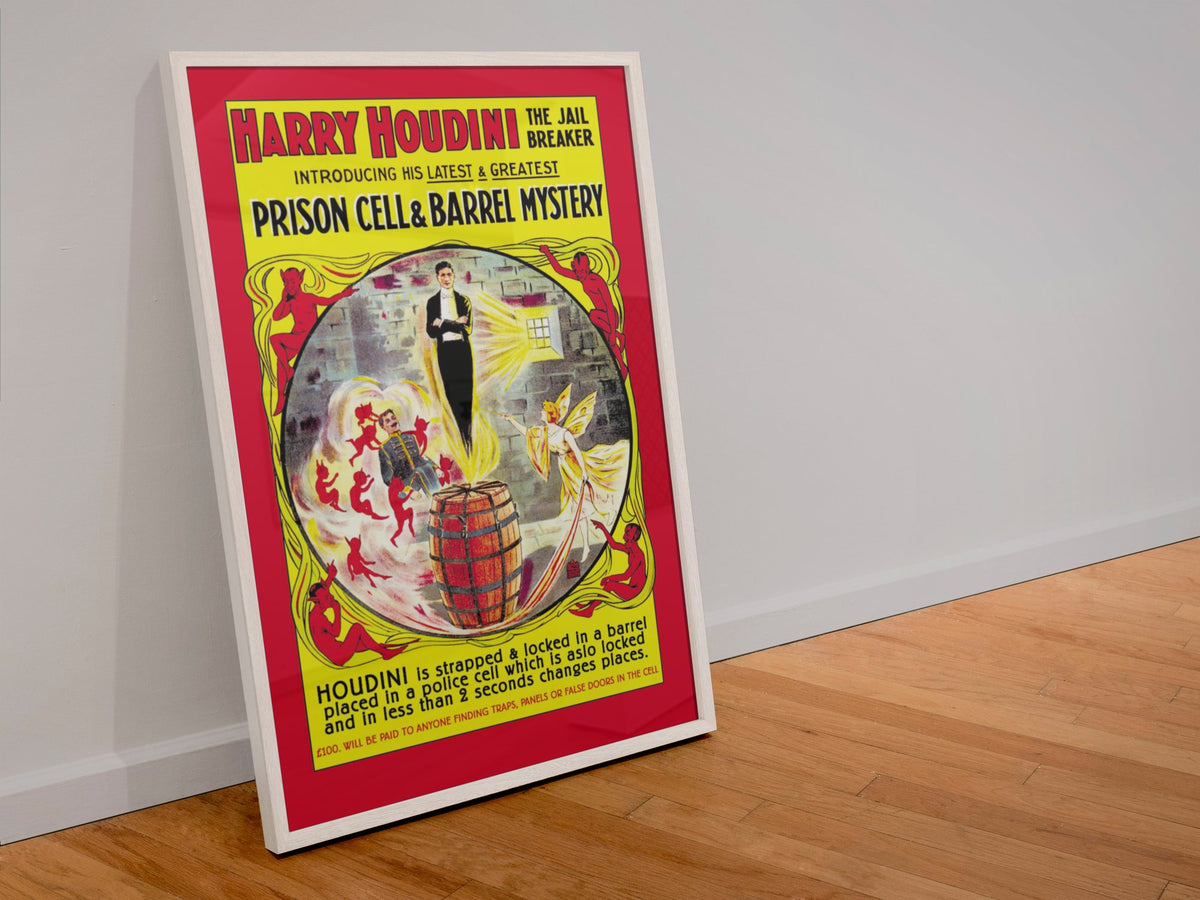 Houdini Prison Cell and Barrel Mystery poster in a white frame leaning against a wall