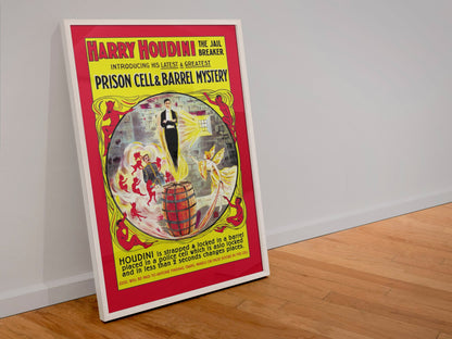 Houdini Prison Cell and Barrel Mystery poster in a white frame leaning against a wall