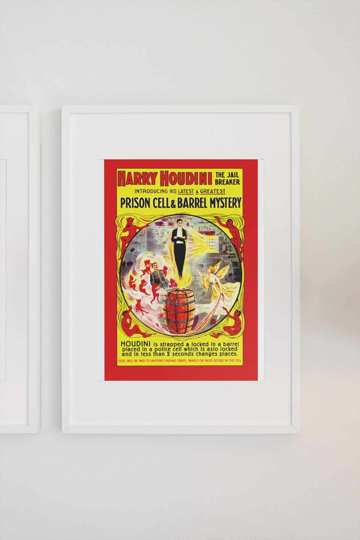 Houdini Prison Cell and Barrel Mystery poster on a light wall
