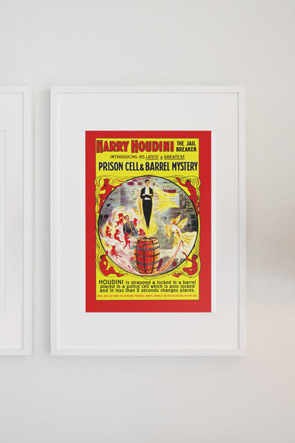 Houdini Prison Cell and Barrel Mystery poster on a light wall