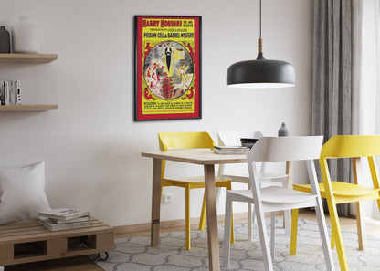 Houdini Prison Cell and Barrel Mystery poster framed above a dining table